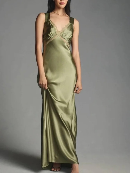 Reformation Dresses & Skirts - Reformation Olive Satin Lace-Trim Wedding Guest Dress